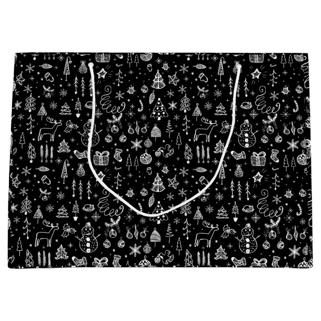 Bright white Black Boho Christmas Trees Snowman  Large Gift Bag (Front)
