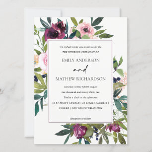 BRIGHT WHITE BLUSH BURGUNDY FLORAL BUNCH WEDDING INVITATION