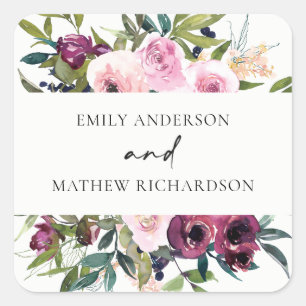 BRIGHT WHITE BLUSH BURGUNDY FLORAL BUNCH WEDDING SQUARE STICKER