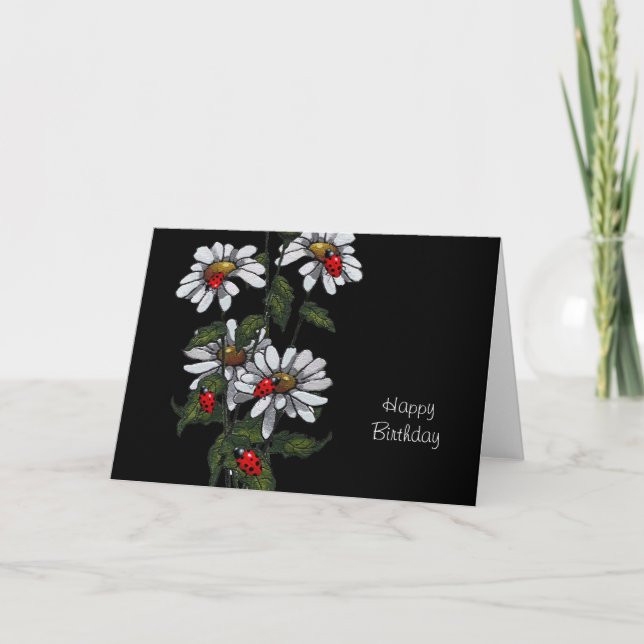Bright White Daisies with Ladybugs, Freehand Art Card (Front)
