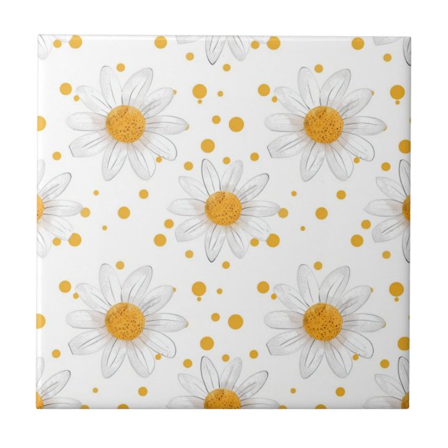 Bright White Daisies with Yellow Centres Ceramic Tile (Front)