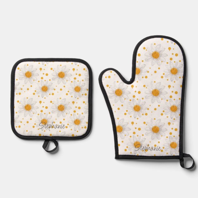 Bright White Daisies with Yellow Centres Oven Mitt & Pot Holder Set (Front)