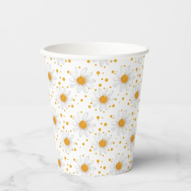 Bright White Daisies with Yellow Centres Paper Cups (Front)
