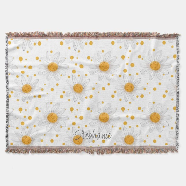 Bright White Daisies with Yellow Centres Throw Blanket (Front)