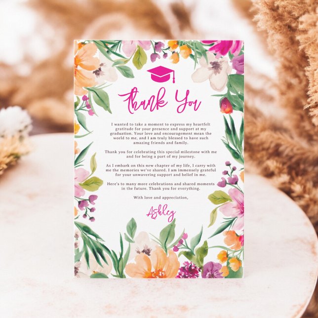 Bright wild flowers script floral graduation thank you card (Bright wild flowers script floral graduation thank you card)