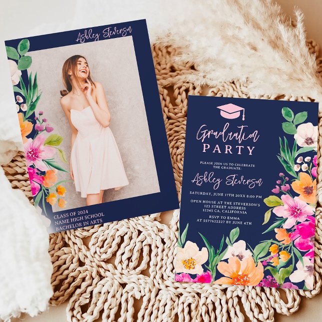 Bright wild flowers script photo graduation invitation (Bright wild flowers script photo graduation invitation on navy blue)