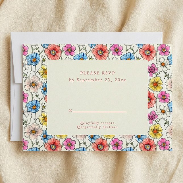 Bright wild flowers seamless pattern RSVP card (Bright wild flowers seamless pattern RSVP card.)