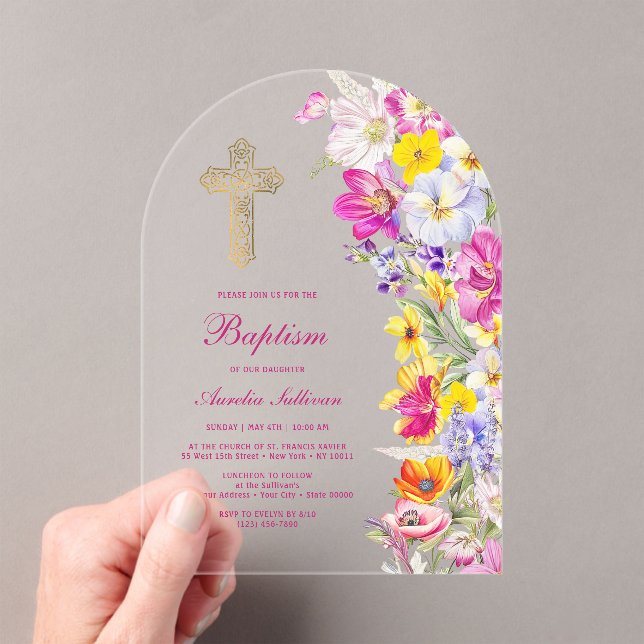 Bright Wildflowers Arch Baptism Acrylic Invitations (Insitu (Handheld))