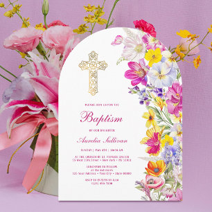 Bright Wildflowers Arch Baptism Invitation