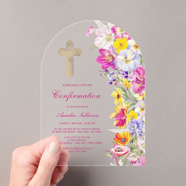 Bright Wildflowers Arch Confirmation Acrylic Invitations (Insitu (Handheld))