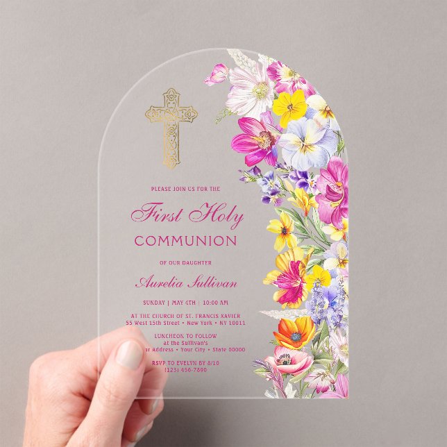Bright Wildflowers Arch First Communion Acrylic Invitations (Insitu (Handheld))