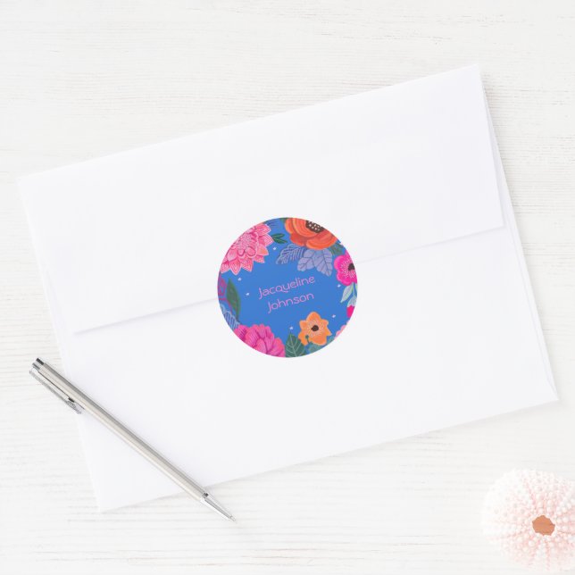 Bright Wildflowers Pink Blue Birthday party Classic Round Sticker (Envelope)