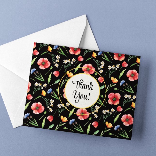 Bright Wildflowers Red Poppies Yellow Buttercups Thank You Card (Creator Uploaded)