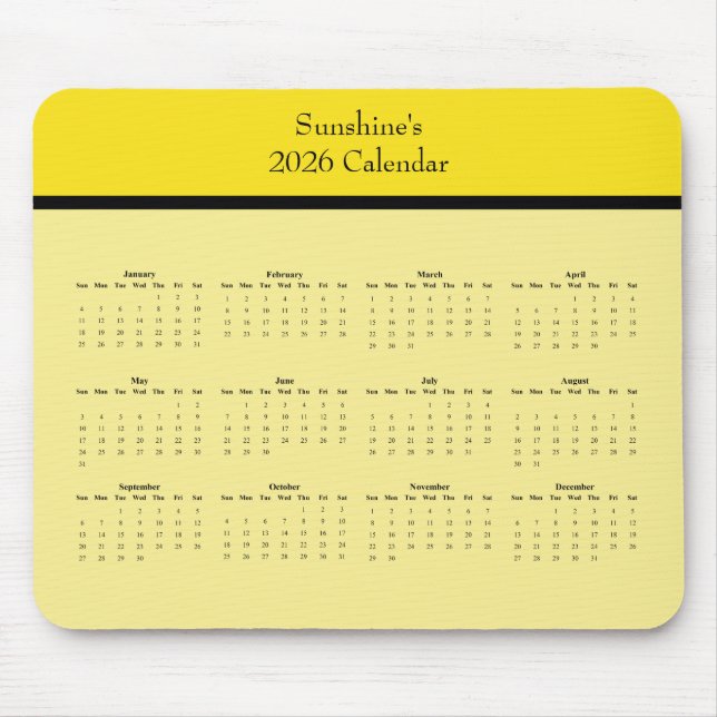 Bright Yellow 2026 Calendar Mousepad – Personalize (Front)
