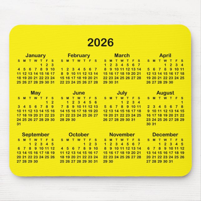 Bright Yellow and Black 2026 Calendar Mouse Pad (Front)