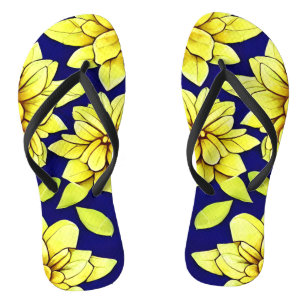 Bright Yellow and Blue Floral Seamless Pattern Thongs