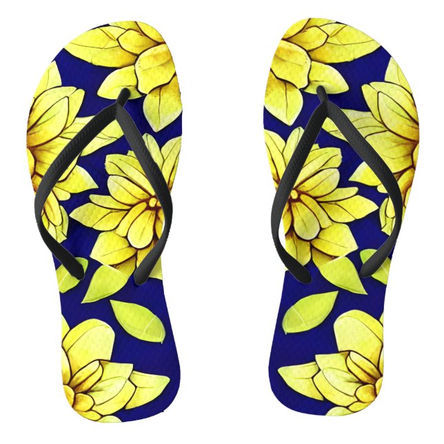 Bright Yellow and Blue Floral Seamless Pattern Thongs (Footbed)