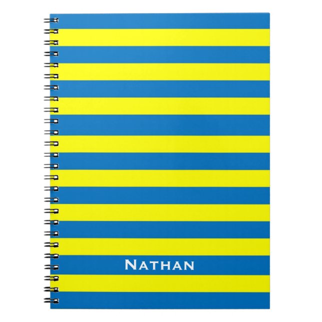 Bright Yellow and Blue Striped Personalised Notebook (Front)