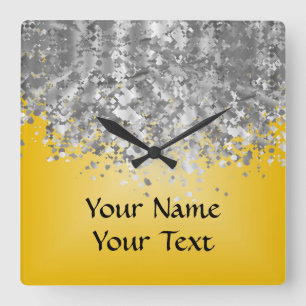 Bright yellow and faux glitter square wall clock