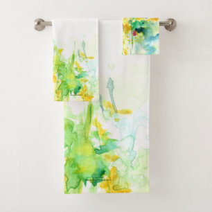 Bright Yellow and Green Abstract Wild Blooms Bath Towel Set