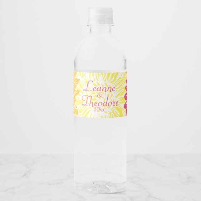 Bright Yellow and Pink Coloured Mums Water Bottle Label (Front)
