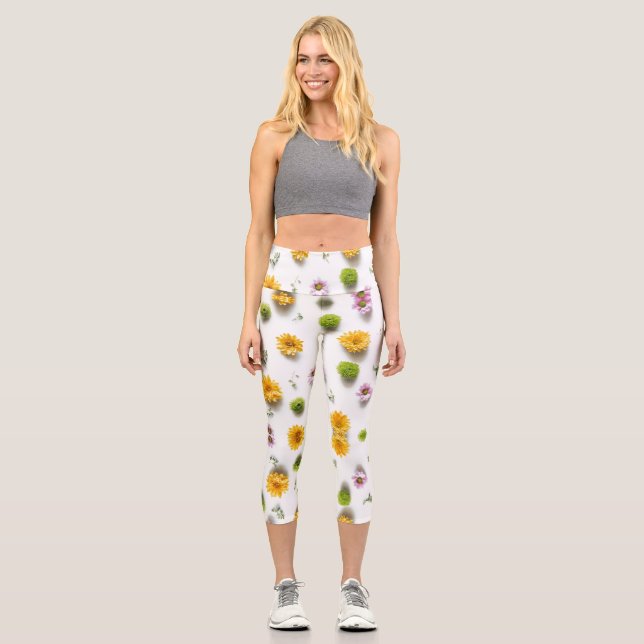 Bright yellow and pink zinnia on white background capri leggings (Front)