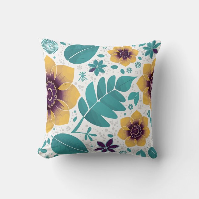 Bright Yellow and Teal Floral on White Background Cushion (Front)