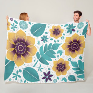 Bright Yellow and Teal Floral on White Background Fleece Blanket