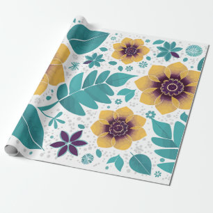 Bright Yellow and Teal Floral on White Background Wrapping Paper