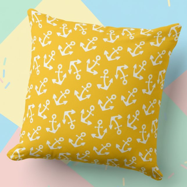 Bright Yellow and White Anchors Nautical Cotton Cushion (Bright yellow and white anchor pillow.)