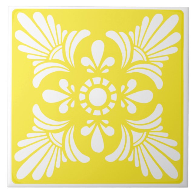 Bright Yellow and White Mediterranean Patterned Ceramic Tile (Front)