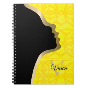 Bright Yellow Batik Black And Gold Face Name Notebook