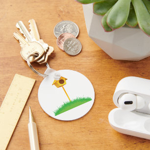 Bright Yellow Birdhouse on Grass Key Ring