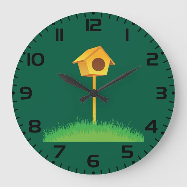 Bright Yellow Birdhouse on Grass Large Clock (Front)