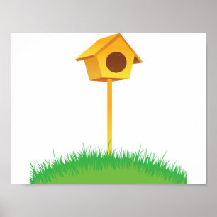 Bright Yellow Birdhouse on Grass Poster