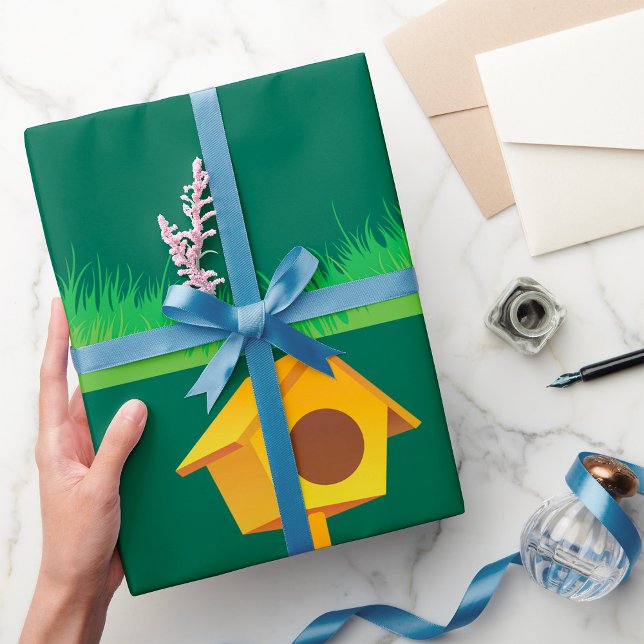 Bright Yellow Birdhouse on Grass Wrapping Paper (Creator Uploaded)