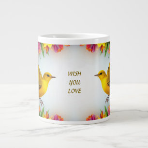 Bright Yellow Birds in a Vibrant Floral Frame Large Coffee Mug
