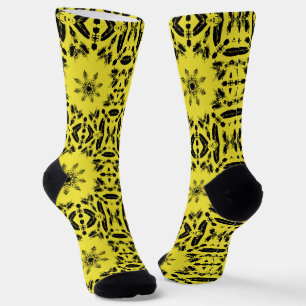 Bright yellow black geometric pattern kitty voices socks