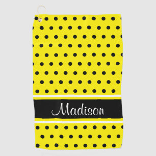 Bright Yellow Black Polka Dot Stripe Script Name Golf Towel
