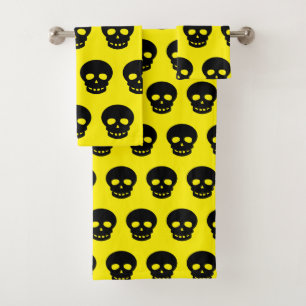 Bright Yellow Black Skull Goth Bath Towel Set