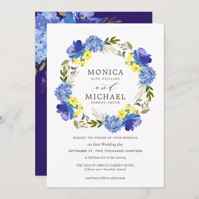 Bright yellow blue flowers wreath wedding invitation (Front/Back)
