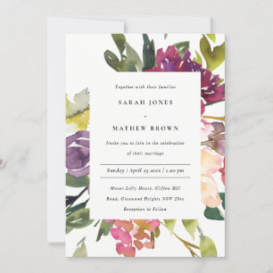 BRIGHT YELLOW BLUSH BURGUNDY FLORAL BUNCH WEDDING INVITATION
