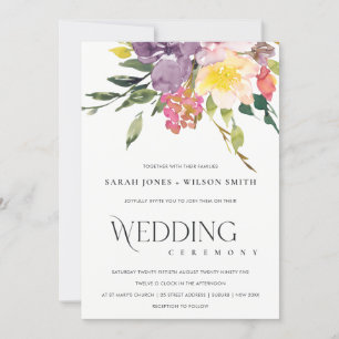 BRIGHT YELLOW BLUSH BURGUNDY FLORAL BUNCH WEDDING INVITATION