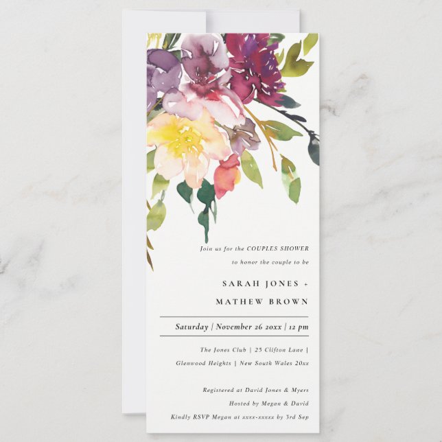 BRIGHT YELLOW BLUSH BURGUNDY FLORAL COUPLES SHOWER INVITATION (Front)