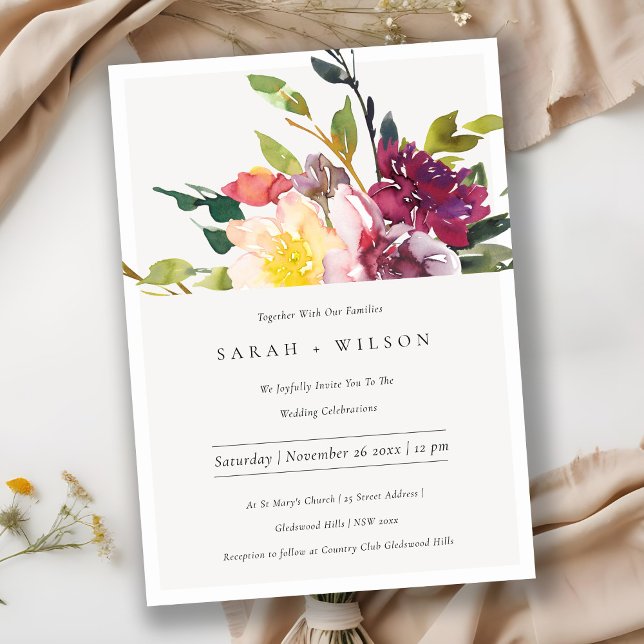 Bright Yellow Blush Burgundy Floral Wedding Invite (Creator Uploaded)