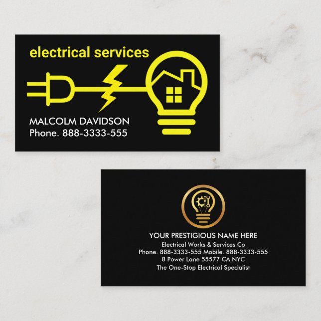 Bright Yellow Bulb Power Plug Wiring Business Card (Front/Back)