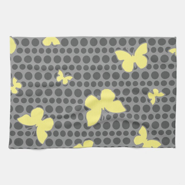 Bright Yellow Butterflies on Grey Tea Towel (Horizontal)
