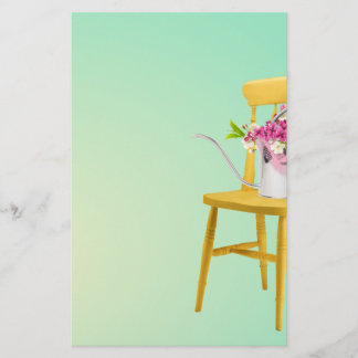 Bright Yellow Chair With Watering Can of Flowers Stationery