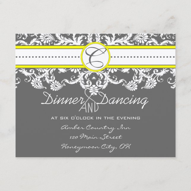 Bright Yellow Charcoal  Grey Damask Reception Card (Back)