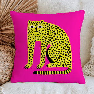 Bright Yellow Cheetah on Pink Naive Animal Art Cushion